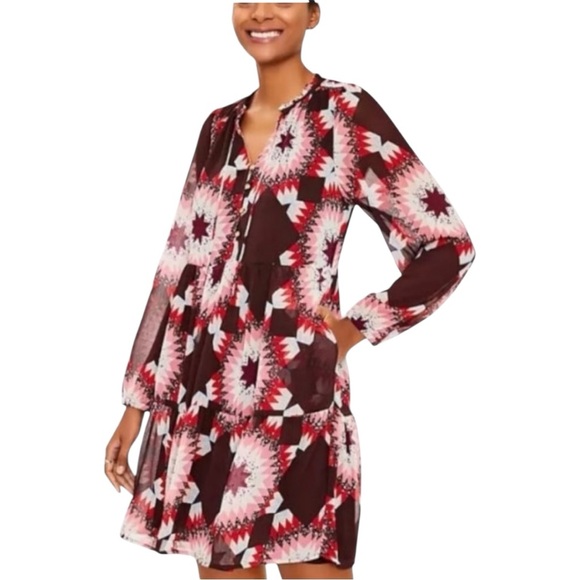 LOFT Boho Patchwork Tie Neck Pocket Mini Swing‎ Dress Size Medium - Picture 1 of 9